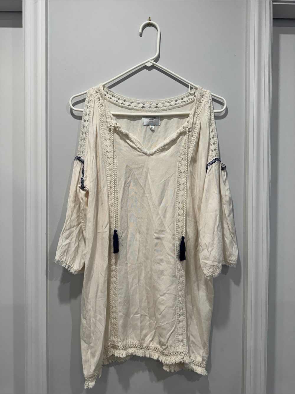 Romeo & Juliet Couture Cream Boho Tunic Dress with Navy Tassels